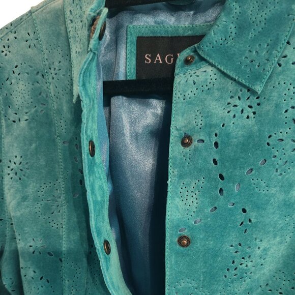 Saguaro Turquoise Laser Cut Suede Leather Jacket Size Small - Picture 9 of 11